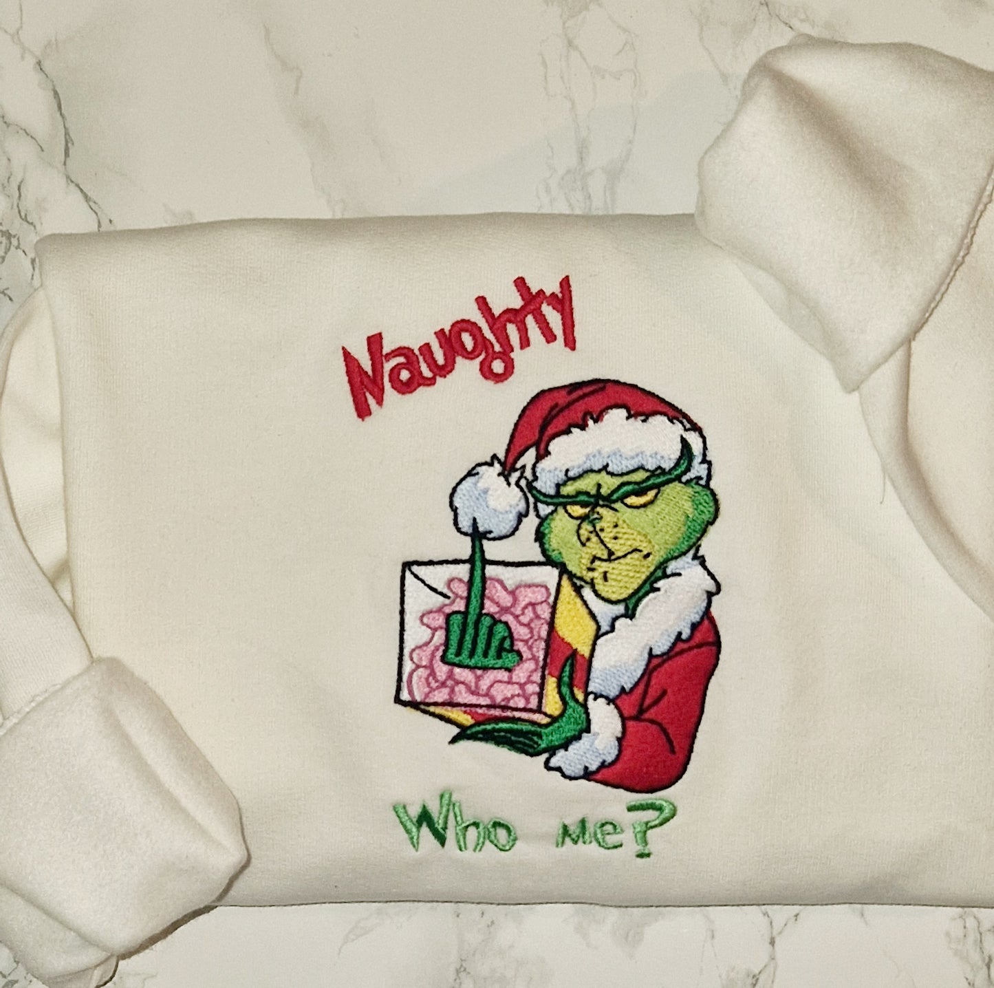Naughty Grinch white embroidered sweatshirt