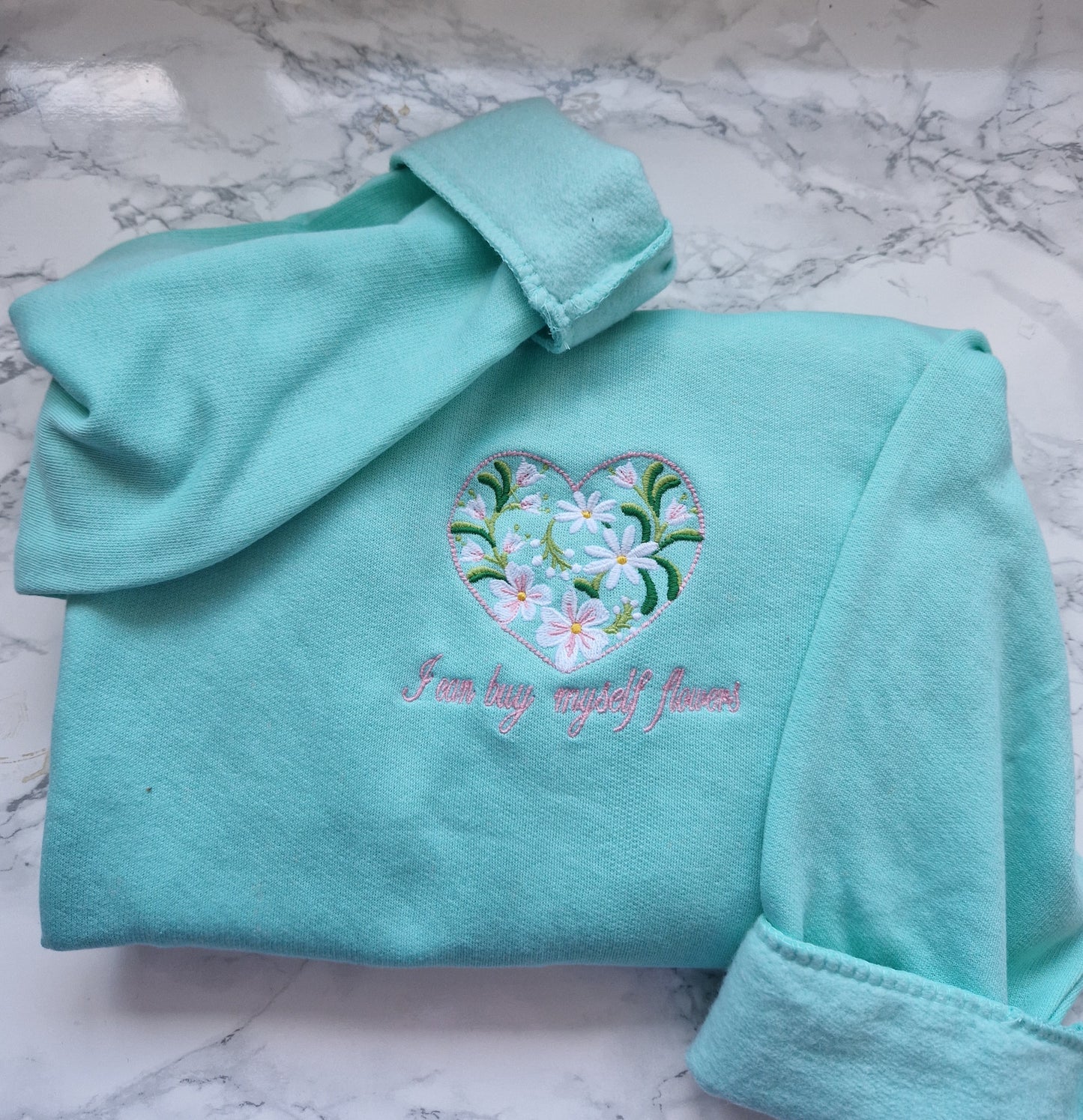 I can buy my own flowers mint green embroidered sweatshirt