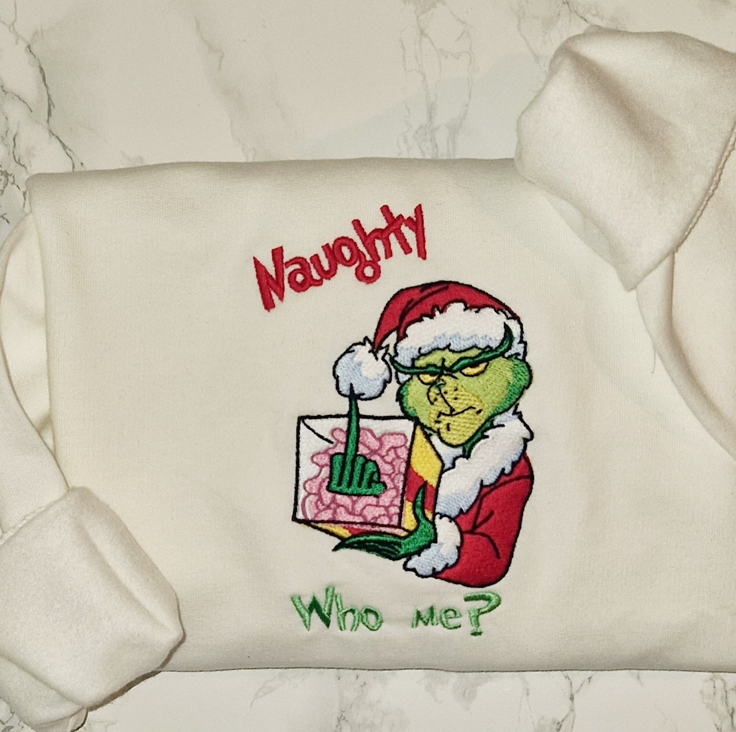 Naughty Grinch white  embroidered sweatshirt